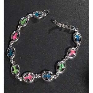 Multi Color Cross Link Bracelet Unisex OS Silver Pink Teal Green Y2K